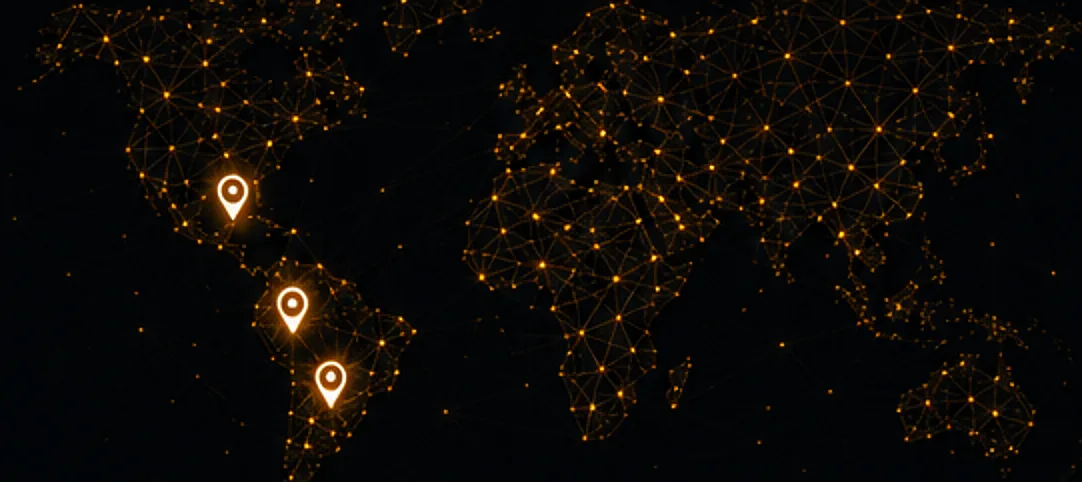Carte du monde - réseau de points lumineux + pins Brésil